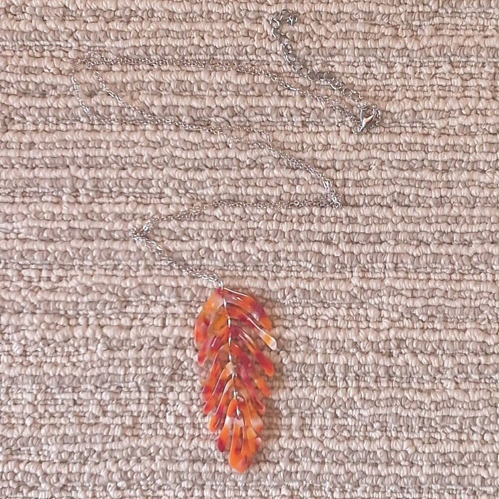 Orange Tortoise Shell Resin Feather Leaf Pendant Necklace Silver Tone Chain Boho